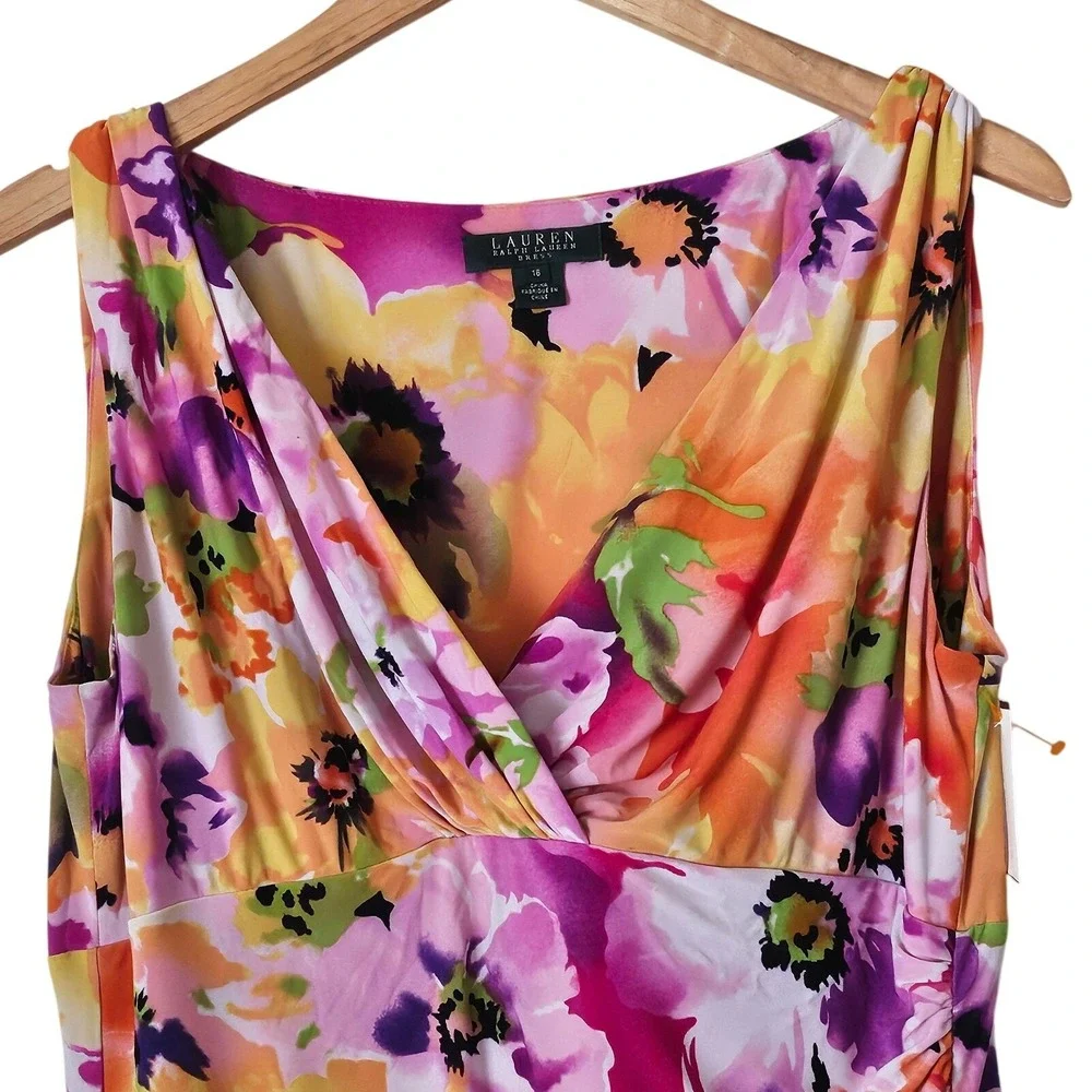 Ralph Lauren Floral Ruched Sheath‎ Dress Plus Size 16 V Neck Bold Tropical Print